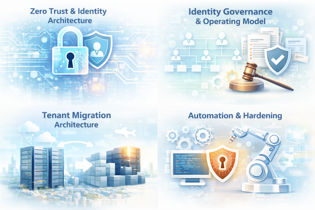• Zero Trust & Identity Architecture • Identity Governance & Operating Model • Tenant Migration Architecture • Automation & Hardening