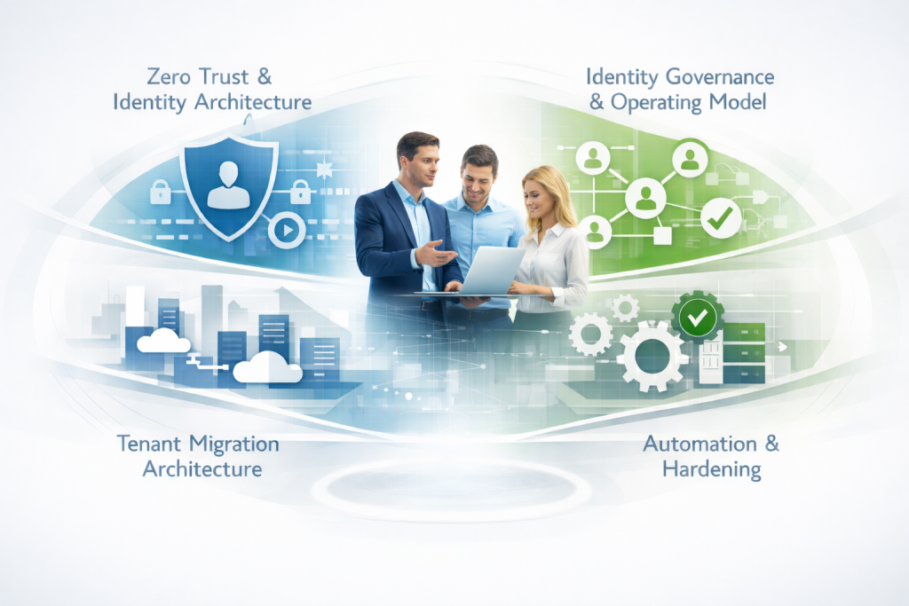 Professionelles Team arbeitet in einer hellen digitalen Umgebung zusammen, umgeben von den vier Leistungsfeldern Zero Trust & Identity Architecture, Identity Governance & Operating Model, Tenant Migration Architecture sowie Automation & Hardening.